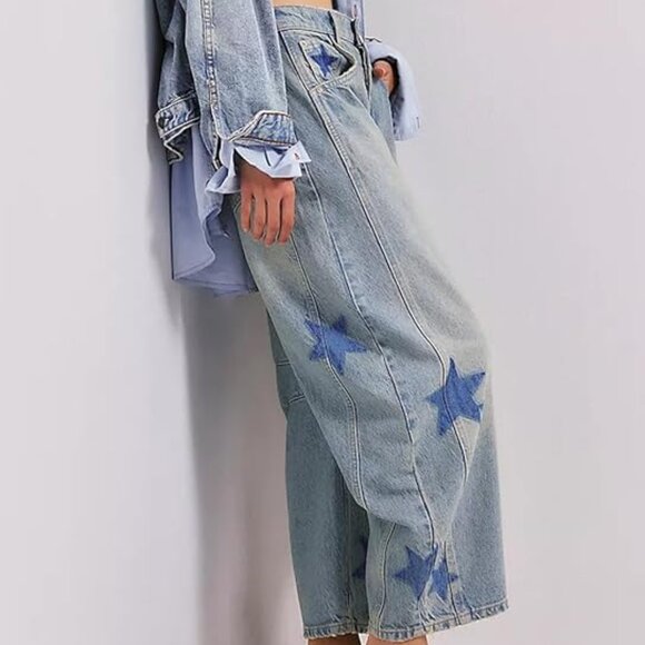 Astronomy Domain Star Printed Boyfriend Retro Horseshoe Jeans Light Blue - Picture 2 of 9